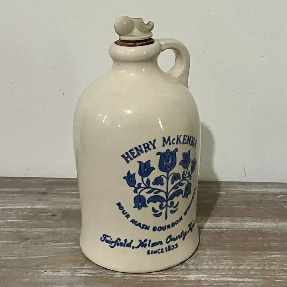 Vintage Henry McKenna Sour Mash Bourbon Beige Ceramic Jug Liquor Bottle w/ Cork